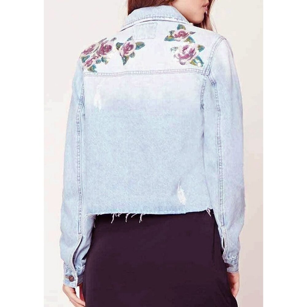 Forever 21 Women's Sequined back Denim trucker Jacket, light blue, Small